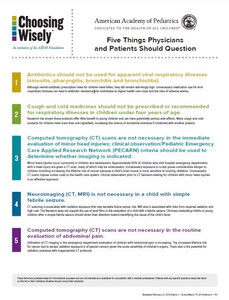 Choosing Wisely Cliniician list example