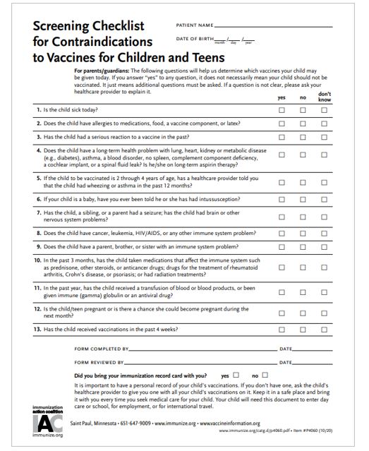 Screening Checklist for Contraindications to Vaccines for Children and Teens