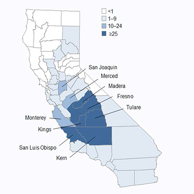 Annual rates of valley fever in California