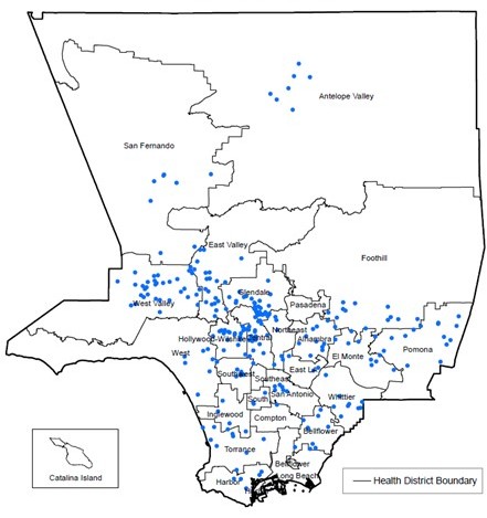 Map showing West Nile Virus Case Reports by Residence*, LA County, 2017