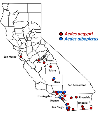 Map of California with Aedes mosquito detection sites