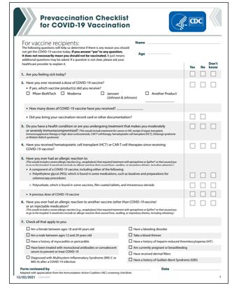 CDC Prevaccination Checklist